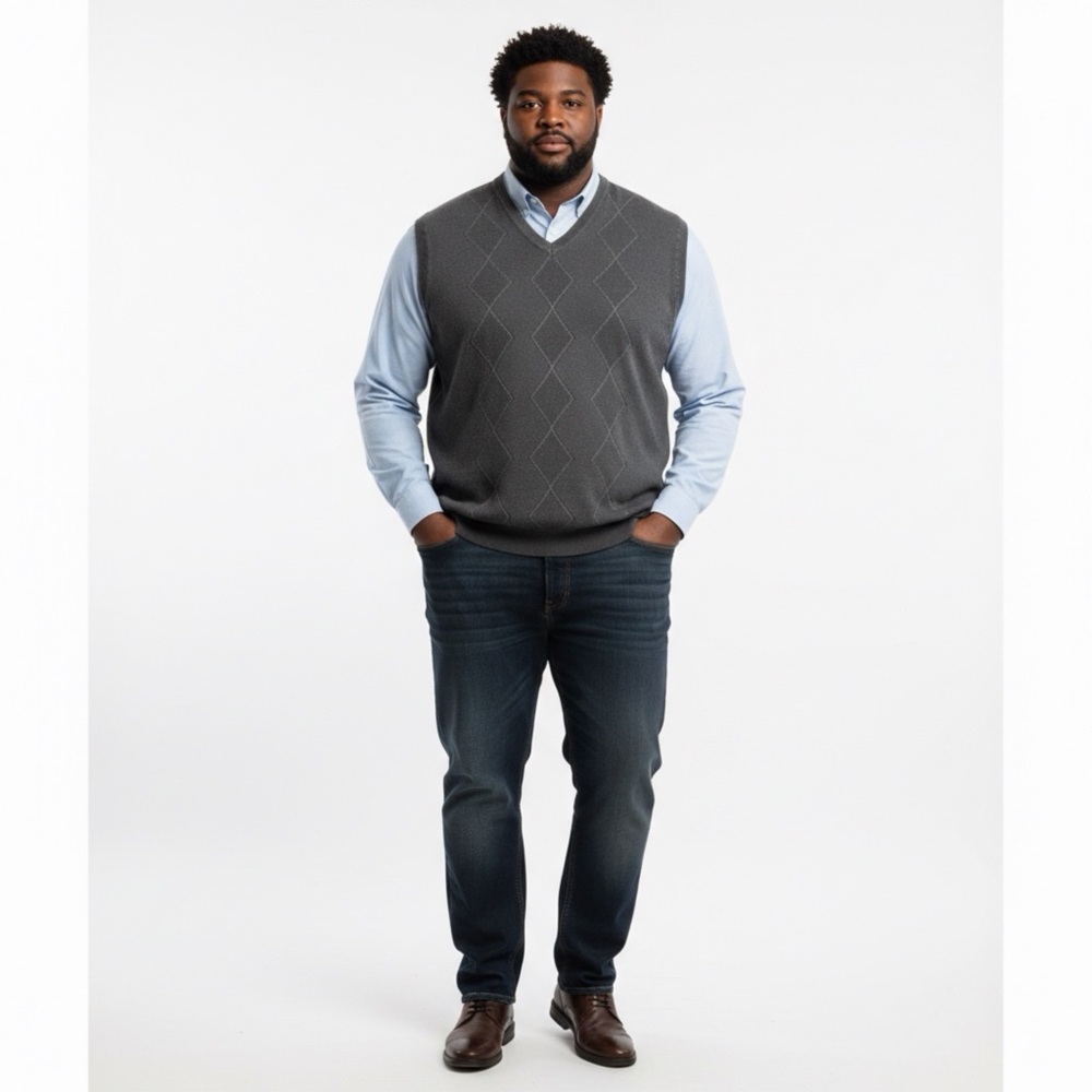 Claiborne Men’s Argyle Knit Gray V-Neck Sweater Vest Size XXL Dark Gray